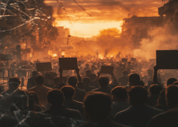 حشد متظاهرين في شارع سوري يرمز إلى التظاهر كحق مدني ومخاطر الاستقطاب والتفكك المجتمعي