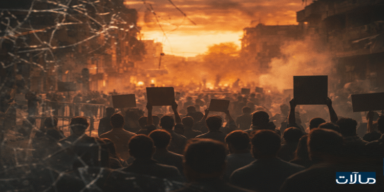 حشد متظاهرين في شارع سوري يرمز إلى التظاهر كحق مدني ومخاطر الاستقطاب والتفكك المجتمعي