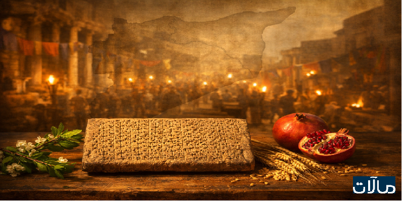 لوح مسماري على طاولة أرشيفية مع رمان وشعير وغصن ربيع، وخلفية خارطة سوريا الشفافة فوق مشهد احتفال قديم—استحضار لطقوس أكيتو.