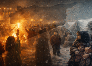 احتفال رأس السنة حول نار ومشاعل يقابله أمهات وأطفال عند خيام وسط الثلج، ضمن إطار خارطة سوريا-تباين الفرح والمعاناة.