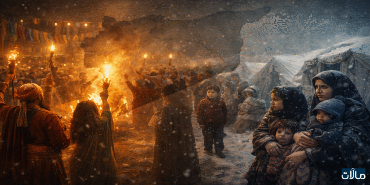 احتفال رأس السنة حول نار ومشاعل يقابله أمهات وأطفال عند خيام وسط الثلج، ضمن إطار خارطة سوريا-تباين الفرح والمعاناة.