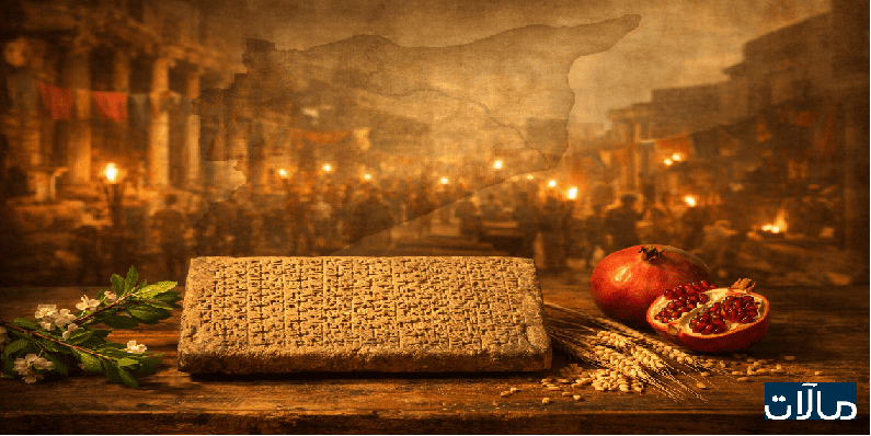 لوح مسماري على طاولة أرشيفية مع رمان وشعير وغصن ربيع،