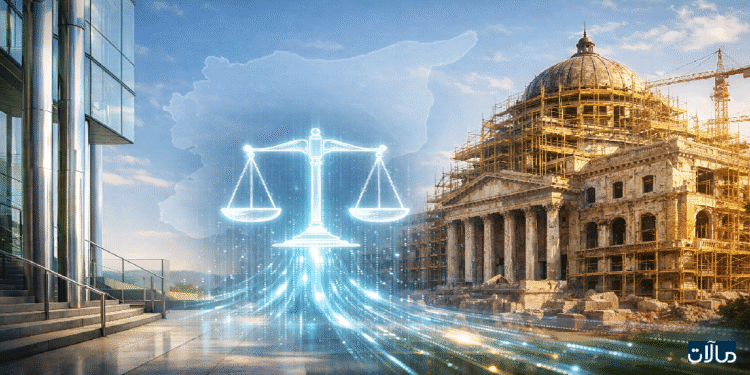 صورة رمزية تقارن الإصلاحات المؤسسية في إسبانيا بمشهد التعافي السوري عبر المتوسط مع دلالات على الإعلام والحوكمة الرقمية