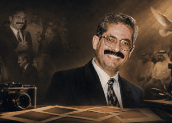 صورة تأبينية للصحفي محمد كعكاتي مع رموز الكاميرا والصحافة والشمعة وذاكرة الجالية العربية في كاليفورنيا.