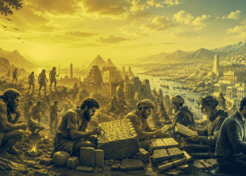 تصوير فوتوسينمائي لتطوّر اللغة الإنسانية من النقوش القديمة إلى الكتابة الرقمية بألوان براقة وواضحة