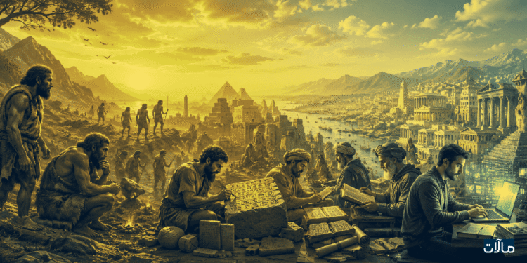 تصوير فوتوسينمائي لتطوّر اللغة الإنسانية من النقوش القديمة إلى الكتابة الرقمية بألوان براقة وواضحة