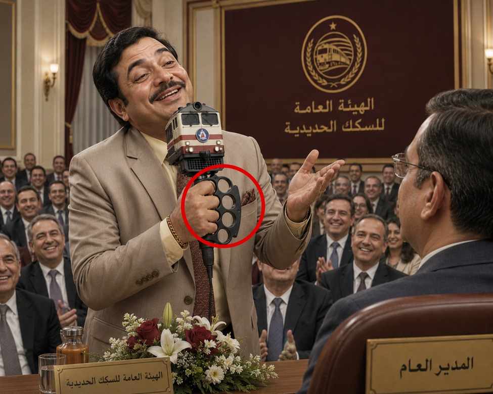 رجل يمسك ميكروفوناً على شكل قطار داخل قاعة رسمية للسكك الحديدية، محاطاً بموظفين يصفقون أمام المدير العام، في مشهد ساخر من ثقافة المديح البيروقراطي.