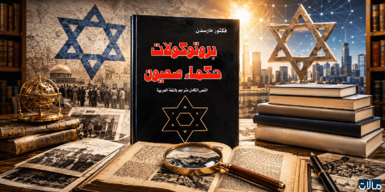 صورة بارزة تحليلية تظهر غلاف كتاب بروتوكولات حكماء صهيون وسط أوراق أرشيفية وخرائط وعدسة مكبرة في مشهد بحثي يوحي بتفكيك النصوص المزورة والدعاية السياسية.