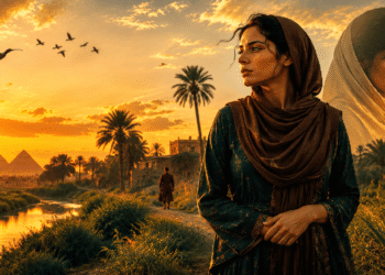 امرأة مصرية ريفية تقف قرب نهر ونخيل عند الغروب، مع طيور الكروان في السماء وأهرامات مصرية صغيرة في الأفق، في مشهد رومانسي حزين مستوحى من رواية دعاء الكروان.
