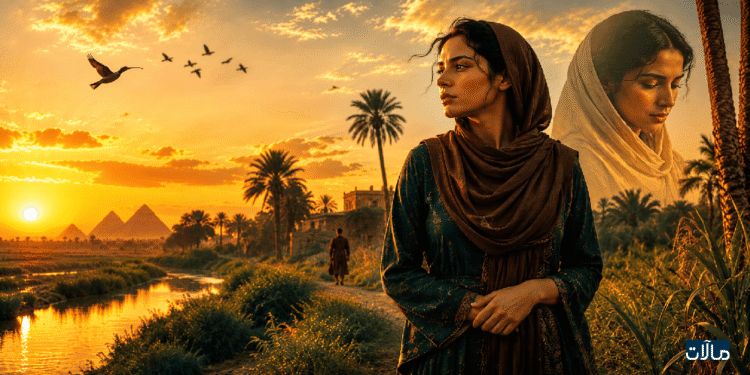 امرأة مصرية ريفية تقف قرب نهر ونخيل عند الغروب، مع طيور الكروان في السماء وأهرامات مصرية صغيرة في الأفق، في مشهد رومانسي حزين مستوحى من رواية دعاء الكروان.