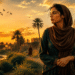 امرأة مصرية ريفية تقف قرب نهر ونخيل عند الغروب، مع طيور الكروان في السماء وأهرامات مصرية صغيرة في الأفق، في مشهد رومانسي حزين مستوحى من رواية دعاء الكروان.