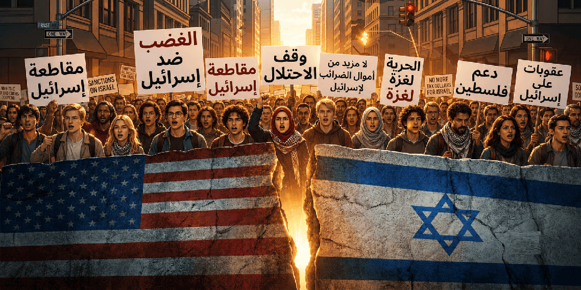 مشهد فوتوسينمائي لمظاهرة حاشدة في شارع أمريكي، يظهر فيها متظاهرون من خلفيات متعددة، بينهم طلاب وطالبات أمريكيون بملامح واضحة، يرفعون لافتات منددة بإسرائيل وداعمة لفلسطين، مع رمز بصري لتصدع العلاقة بين الولايات المتحدة وإسرائيل.