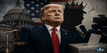دونالد ترامب أمام مبنى الكونغرس والعلم الأميركي، تحيط به رموز الانتخابات والعدالة وظلّ متوَّج، في تعبير بصري عن التوتر بين الديمقراطية
