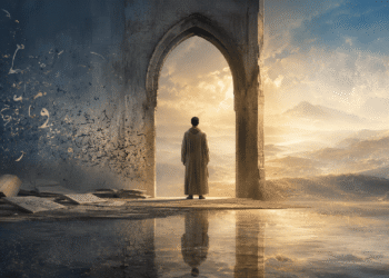 شخص يقف عند بوابة مضيئة بين مخطوطات تتلاشى وفضاء رمزي يجسد الصمت وحدود العبارة في التجربة الصوفية.