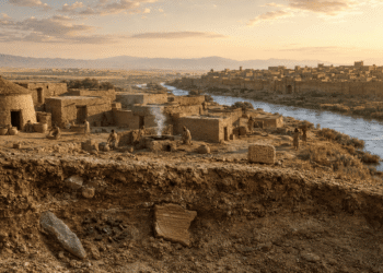 مشهد أثري رمزي يجمع الأدوات الحجرية والقرية الزراعية والمدينة القديمة في ‏سرد بصري لتطور الاستيطان البشري في المشرق‎.‎