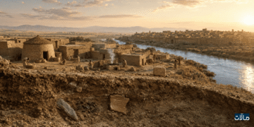 مشهد أثري رمزي يجمع الأدوات الحجرية والقرية الزراعية والمدينة القديمة في ‏سرد بصري لتطور الاستيطان البشري في المشرق‎.‎