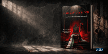 غلاف كتاب Testaments of Blood في مشهد رمزي داكن تتوسطه خارطة سوريا الشفافة، مع قضبان وسلاسل تحيل إلى التعذيب في السجون السورية.