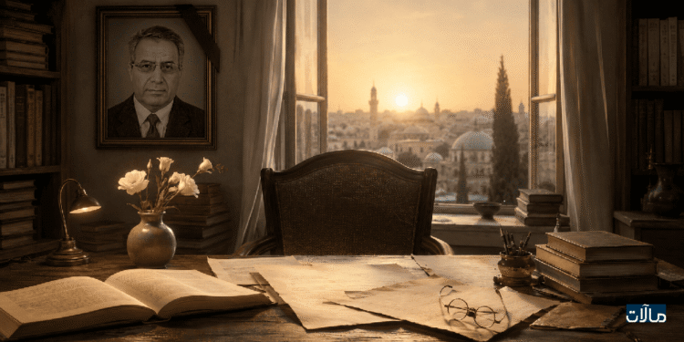تصميم رثائي تكريماً للدكتور موسى الحالول يرمز إلى بقاء أثره الأدبي والفكري بعد الرحيل