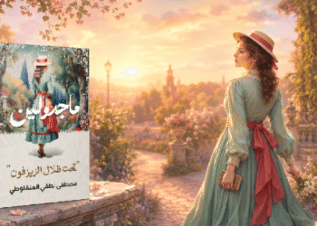 ماجدولين في حديقة رومانسية عند الغروب إلى جانب غلاف رواية «ماجدولين» لمصطفى لطفي المنفلوطي.