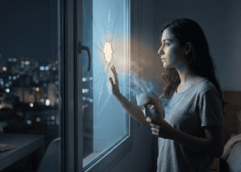 امرأة تقف عند نافذة مكسورة وتخلع قناعاً أبيض، مع ضوء ذهبي دافئ يتسرب من الداخل في غرفة شبه مظلمة. (هذا الوصف ضروري لمحركات البحث ولتسهيل الوصول).