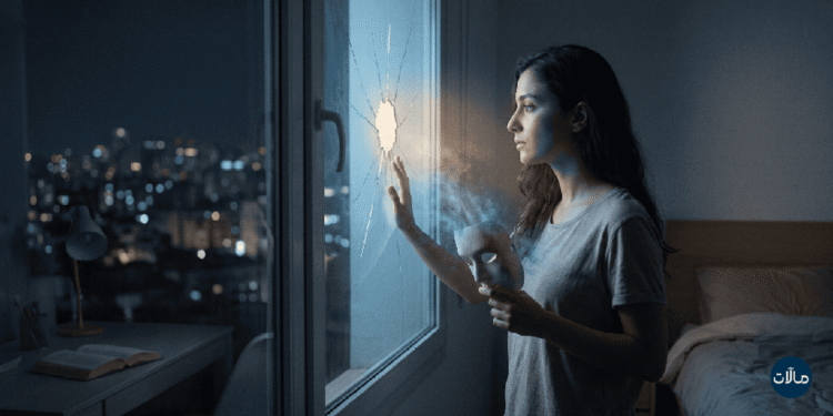 امرأة تقف عند نافذة مكسورة وتخلع قناعاً أبيض، مع ضوء ذهبي دافئ يتسرب من الداخل في غرفة شبه مظلمة. (هذا الوصف ضروري لمحركات البحث ولتسهيل الوصول).