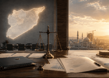 تصور بصري لإعادة تأسيس الدولة السورية عبر تكامل الدستور والقضاء والاقتصاد والمؤسسات.