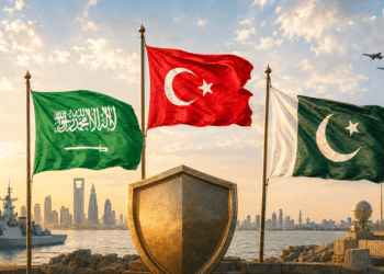 أعلام السعودية وتركيا وباكستان في مشهد يرمز إلى اتفاق مكة للدفاع المشترك وإعادة تشكيل أمن الخليج.