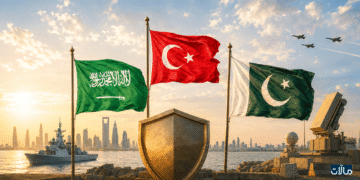 أعلام السعودية وتركيا وباكستان في مشهد يرمز إلى اتفاق مكة للدفاع المشترك وإعادة تشكيل أمن الخليج.