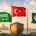 أعلام السعودية وتركيا وباكستان في مشهد يرمز إلى اتفاق مكة للدفاع المشترك وإعادة تشكيل أمن الخليج.