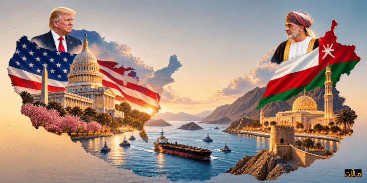 تصميم تحريري فوتوسينمائي يجمع ترامب والسلطان هيثم بن طارق مع خريطتي الولايات المتحدة وعُمان ومعالم واشنطن ومسقط ومضيق هرمز.