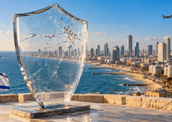 مشهد رمزي لحدود القوة الإسرائيلية: درع زجاجي متشقق أمام مدينة ساحلية، مع علم إسرائيلي وطائرة وسفينة حربية.