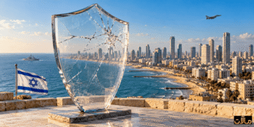 مشهد رمزي لحدود القوة الإسرائيلية: درع زجاجي متشقق أمام مدينة ساحلية، مع علم إسرائيلي وطائرة وسفينة حربية.