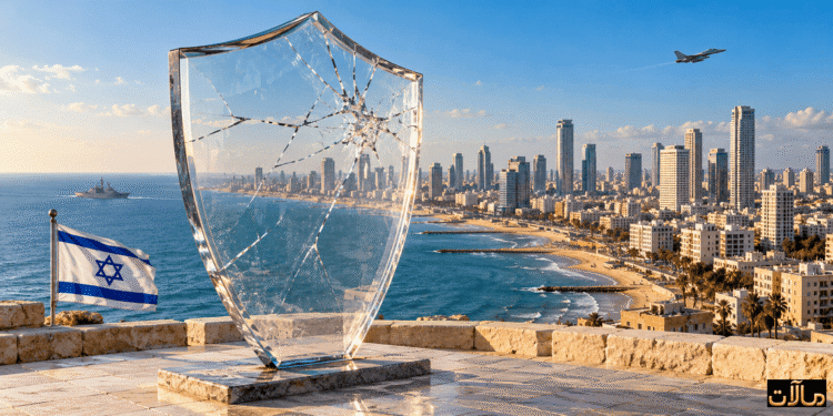 مشهد رمزي لحدود القوة الإسرائيلية: درع زجاجي متشقق أمام مدينة ساحلية، مع علم إسرائيلي وطائرة وسفينة حربية.