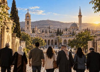 مشهد شامي عند الفجر يجمع كنيسةً ومسجداً وسوريين يسيرون نحو ساحة مدنية مضاءة، تعبيراً عن الجذور المشتركة والوفاق الوطني.