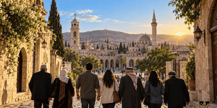 مشهد شامي عند الفجر يجمع كنيسةً ومسجداً وسوريين يسيرون نحو ساحة مدنية مضاءة، تعبيراً عن الجذور المشتركة والوفاق الوطني.