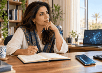 امرأة تتأمل أمام دفتر وهاتف وحاسبة، في مشهد يعبّر عن تأثير التقنية على الدماغ والذاكرة واستقلال التفكير.