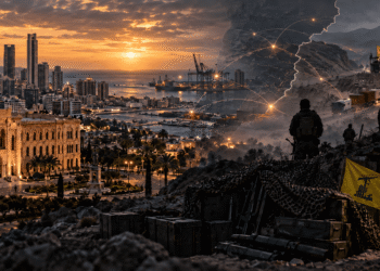 صورة رمزية فوتوسينمائية تُظهر بيروت ومؤسسات الدولة اللبنانية في مقابل بنية مسلحة وشبكات نفوذ عابرة للحدود مرتبطة بحزب الله.