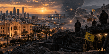 صورة رمزية فوتوسينمائية تُظهر بيروت ومؤسسات الدولة اللبنانية في مقابل بنية مسلحة وشبكات نفوذ عابرة للحدود مرتبطة بحزب الله.