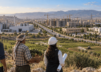 عامل ومزارع ومهندسة أمام مصنع وحقول ومشروعات إعادة إعمار ترمز إلى انتقال سوريا نحو اقتصاد الإنتاج.‎