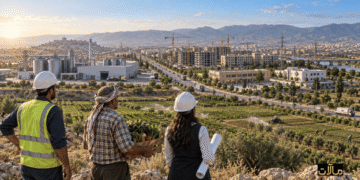 عامل ومزارع ومهندسة أمام مصنع وحقول ومشروعات إعادة إعمار ترمز إلى انتقال سوريا نحو اقتصاد الإنتاج.‎