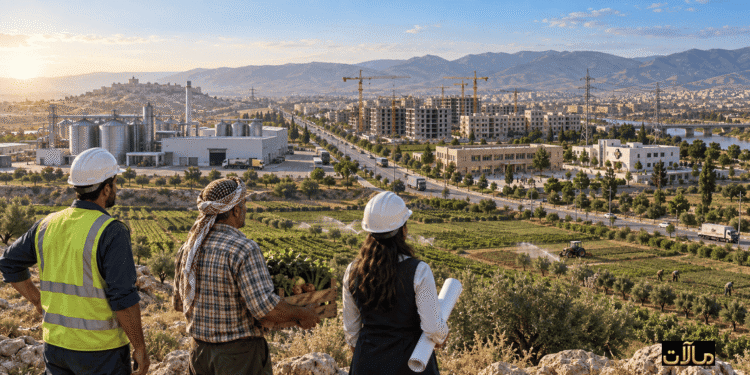عامل ومزارع ومهندسة أمام مصنع وحقول ومشروعات إعادة إعمار ترمز إلى انتقال سوريا نحو اقتصاد الإنتاج.