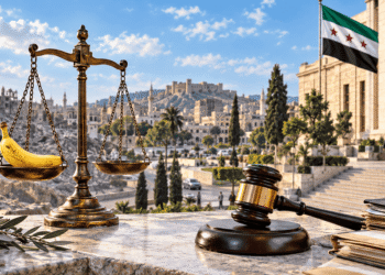 ميزان عدالة تتضمن إحدى كفتيه موزة، في مشهد رمزي أمام مدينة سورية ومبنى رسمي، بما يعبر عن إشكالية العدالة الانتقالية بين القانون والفوضى.