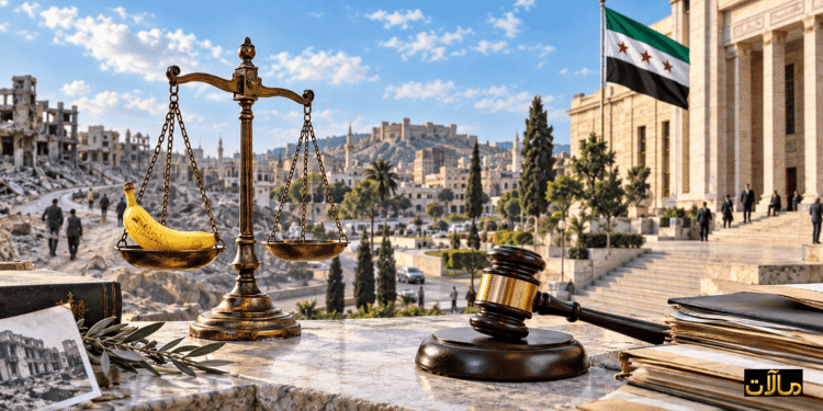 ميزان عدالة تتضمن إحدى كفتيه موزة، في مشهد رمزي أمام مدينة سورية ومبنى رسمي، بما يعبر عن إشكالية العدالة الانتقالية بين القانون والفوضى.