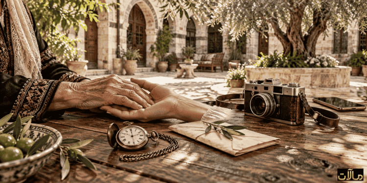 يدان من جيلين تتلامسان قرب ساعة ورسالة وكاميرا قديمة في بيت شامي، تعبيراً عن الوفاء والذاكرة.