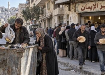صورة تعبيرية عن احتجاجات السوريين وضيق المعيشة، تُظهر ازدحاماً أمام مخبز وأسرة تبحث عن الطعام في حاوية قمامة.