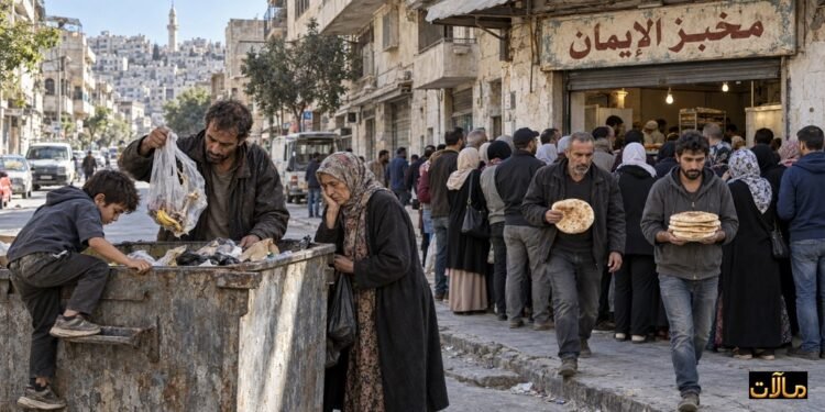 صورة تعبيرية عن احتجاجات السوريين وضيق المعيشة، تُظهر ازدحاماً أمام مخبز وأسرة تبحث عن الطعام في حاوية قمامة.