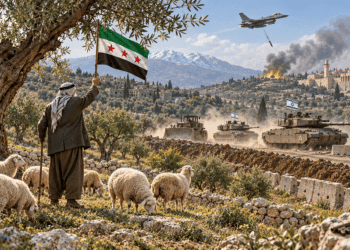 صورة تعبيرية عن الاعتداءات صورة تعبيرية عن الاعتداءات الإسرائيلية: راعٍ يرفع العلم السوري أمام دبابات، مع دلالات على لبنان وفلسطين.