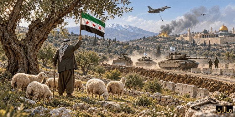 صورة تعبيرية عن الاعتداءات صورة تعبيرية عن الاعتداءات الإسرائيلية: راعٍ يرفع العلم السوري أمام دبابات، مع دلالات على لبنان وفلسطين.