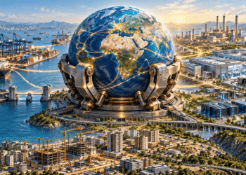 كرة أرضية داخل قبضة معدنية تحيط بها موانئ ومصانع ومراكز بيانات ترمز إلى مفاصل الاقتصاد العالمي