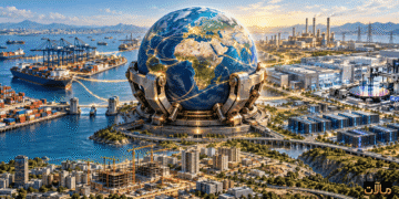 كرة أرضية داخل قبضة معدنية تحيط بها موانئ ومصانع ومراكز بيانات ترمز إلى مفاصل الاقتصاد العالمي